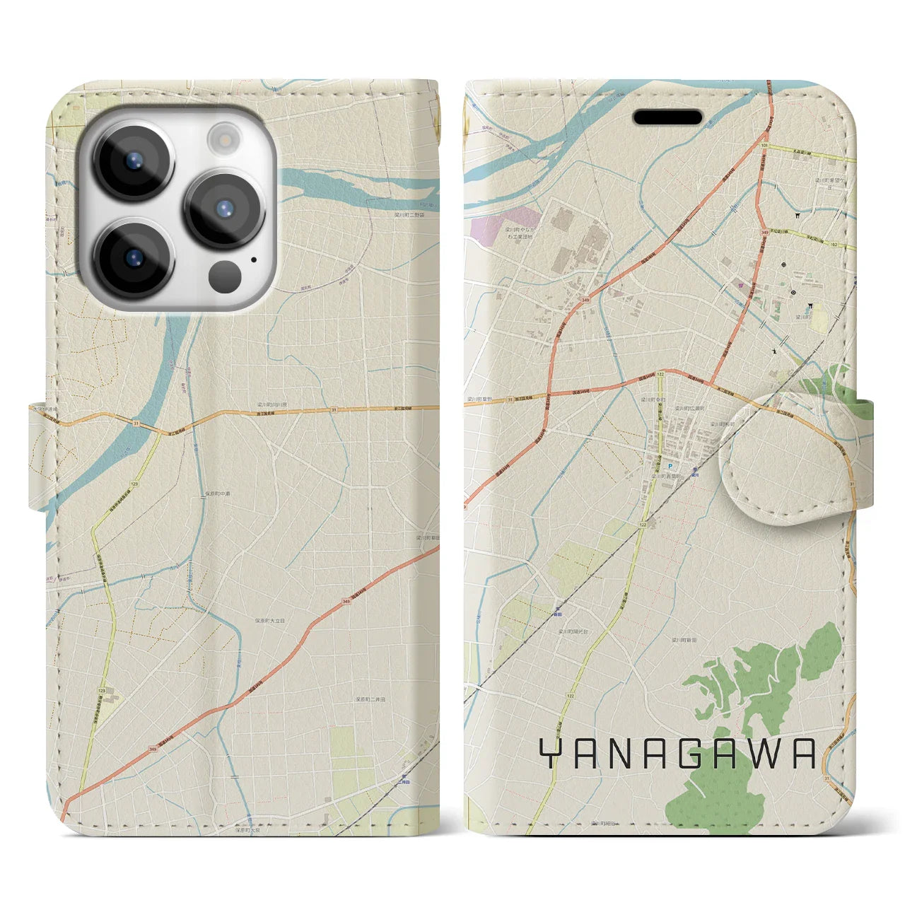 【梁川(福島県)】地図柄iPhoneケース(手帳タイプ)ナチュラル・iPhone 14 Pro 用