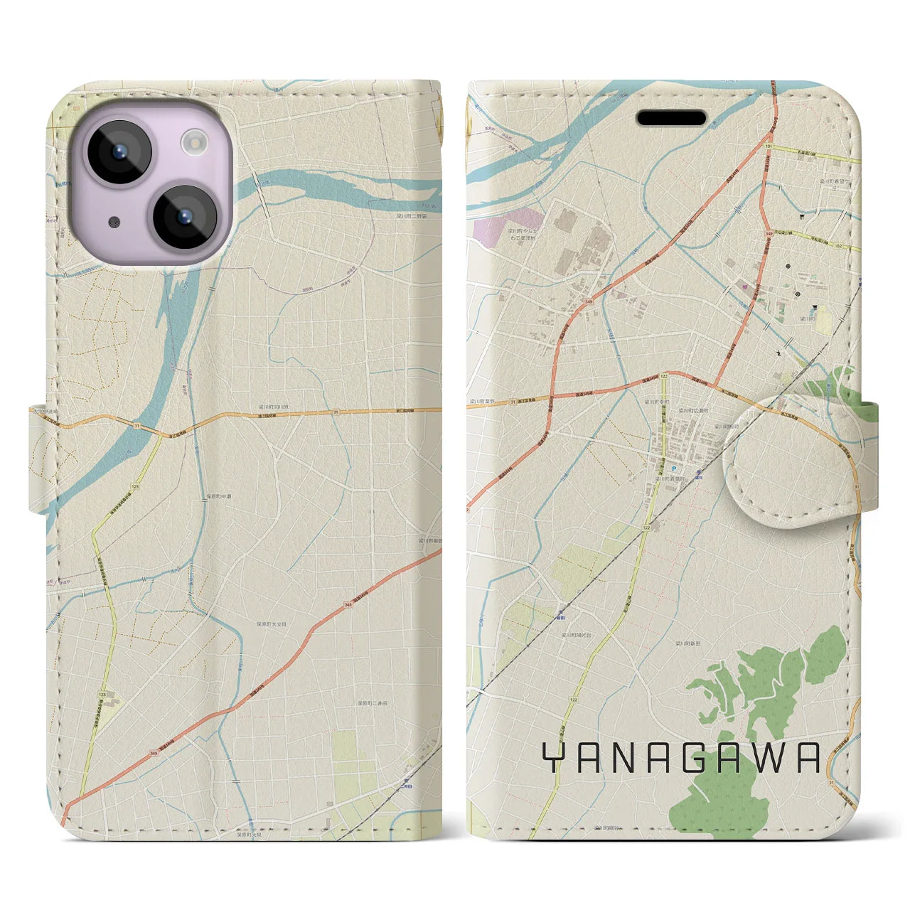 【梁川(福島県)】地図柄iPhoneケース(手帳タイプ)ナチュラル・iPhone 14 用