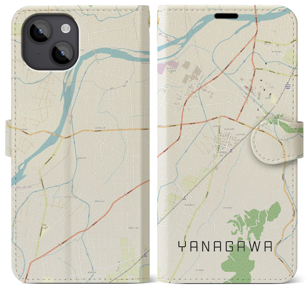【梁川(福島県)】地図柄iPhoneケース(手帳タイプ)ナチュラル・iPhone 14 Plus 用