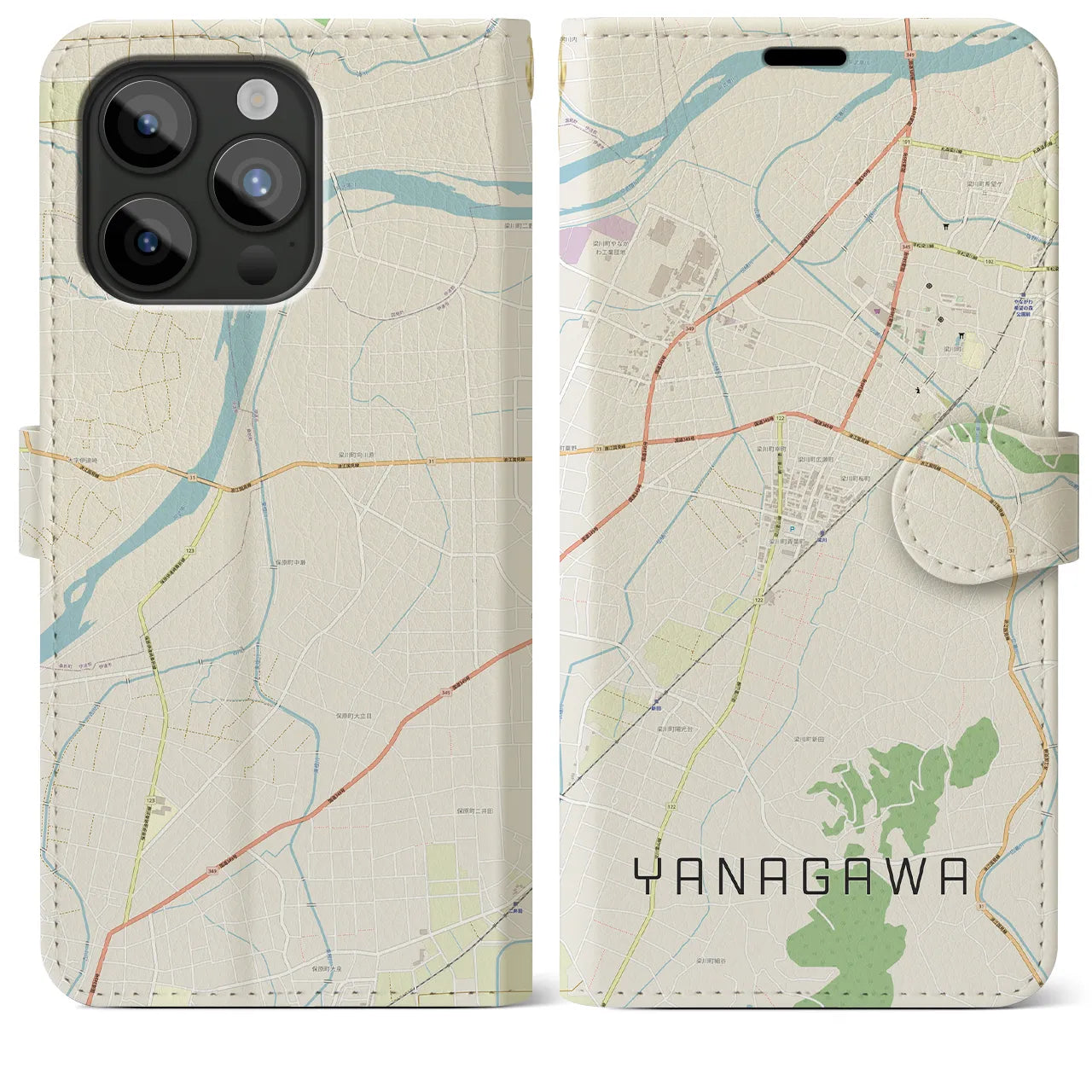 【梁川(福島県)】地図柄iPhoneケース(手帳タイプ)ナチュラル・iPhone 15 Pro Max 用