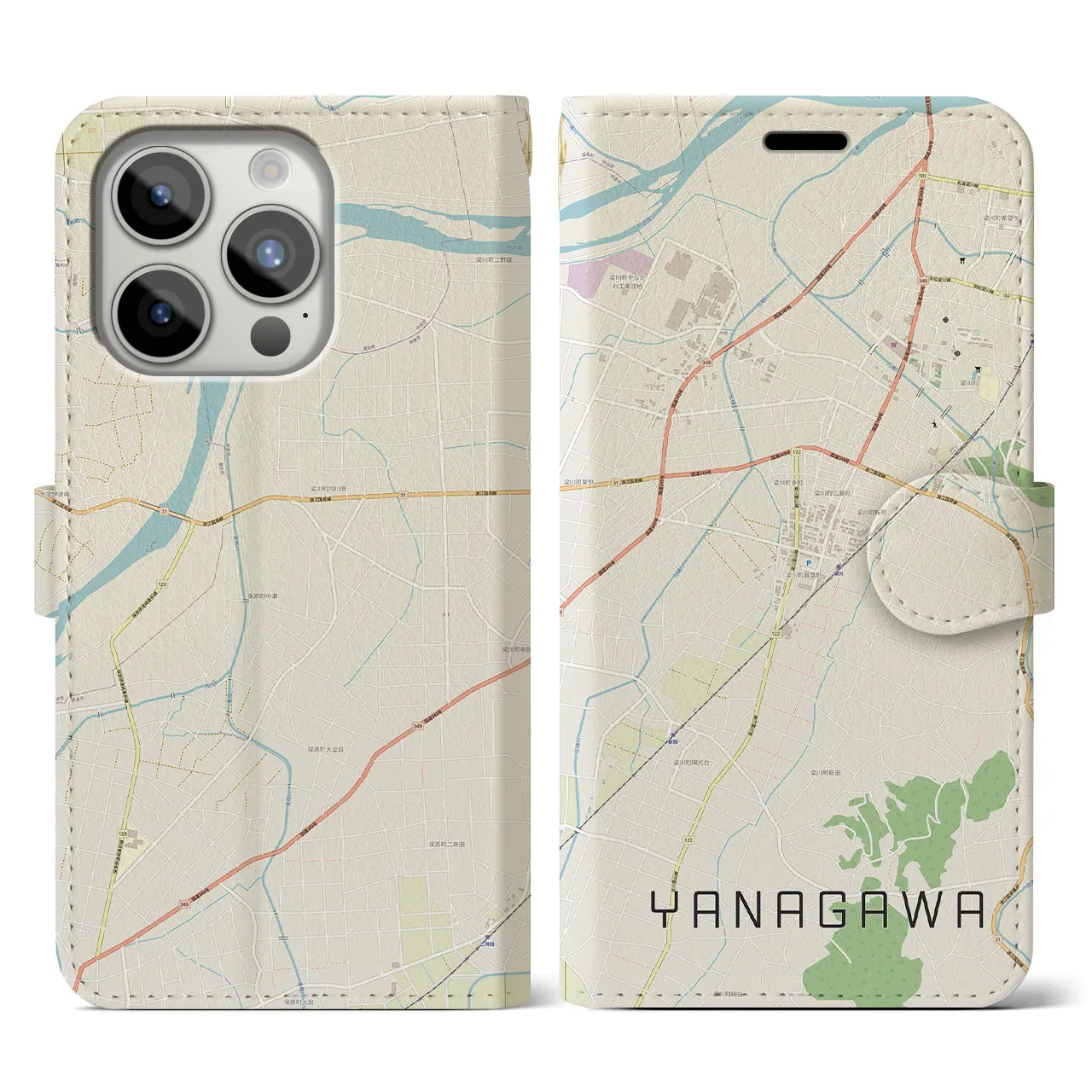 【梁川(福島県)】地図柄iPhoneケース(手帳タイプ)ナチュラル・iPhone 15 Pro 用
