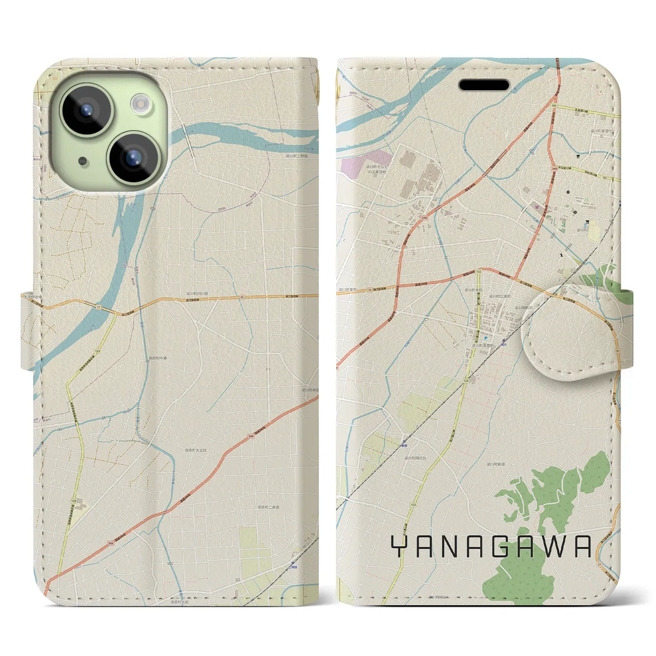 【梁川(福島県)】地図柄iPhoneケース(手帳タイプ)ナチュラル・iPhone 15 用