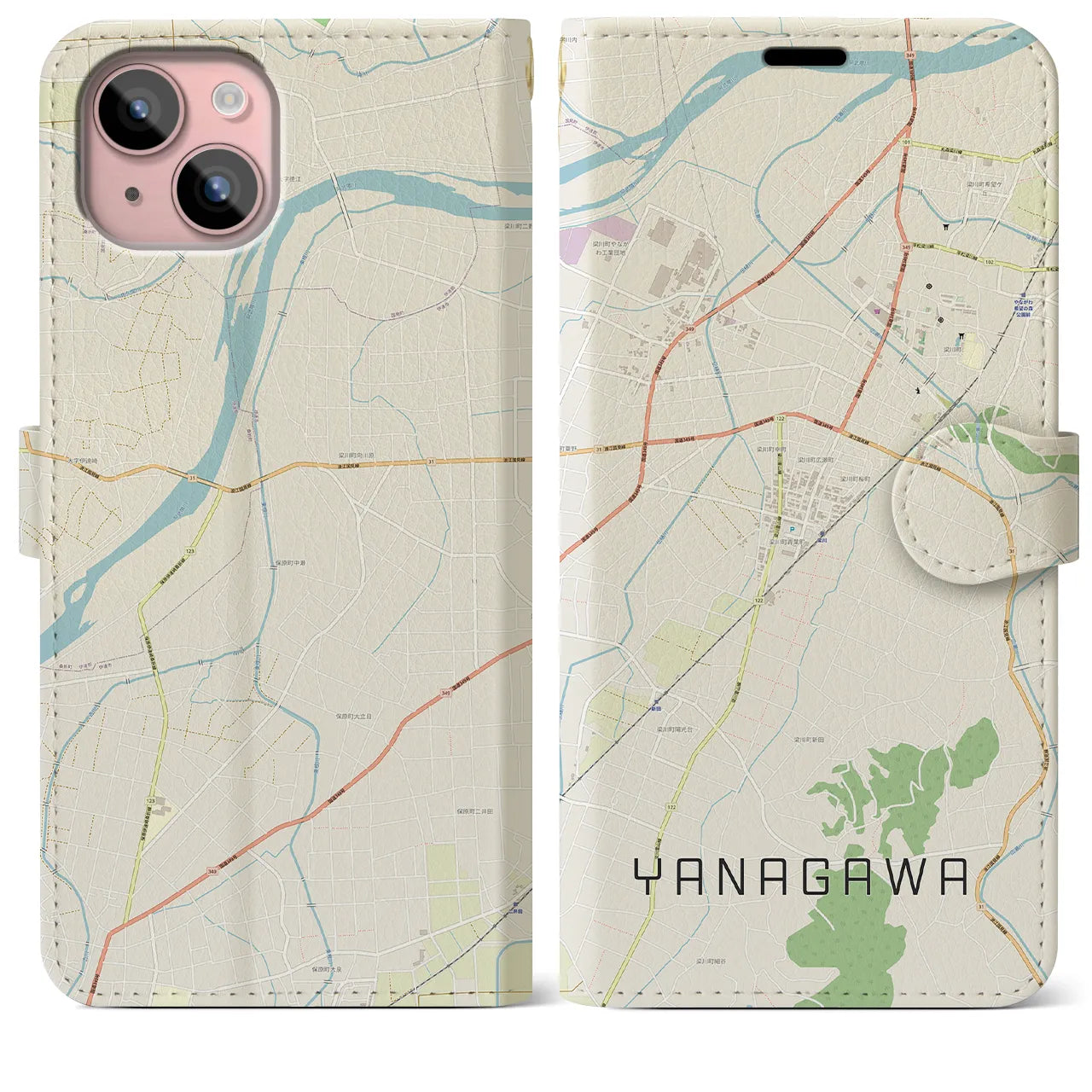 【梁川(福島県)】地図柄iPhoneケース(手帳タイプ)ナチュラル・iPhone 15 Plus 用