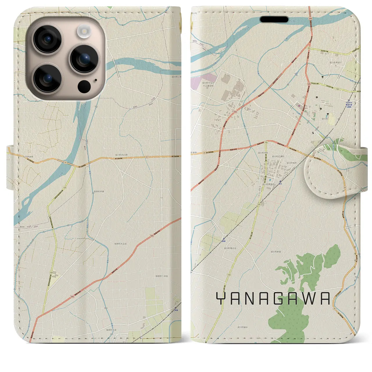 【梁川(福島県)】地図柄iPhoneケース(手帳タイプ)ナチュラル・iPhone 16 Plus 用