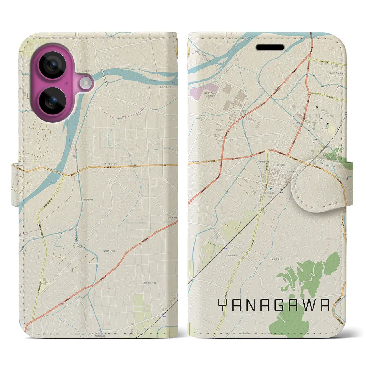【梁川(福島県)】地図柄iPhoneケース(手帳タイプ)ナチュラル・iPhone 16 Pro 用