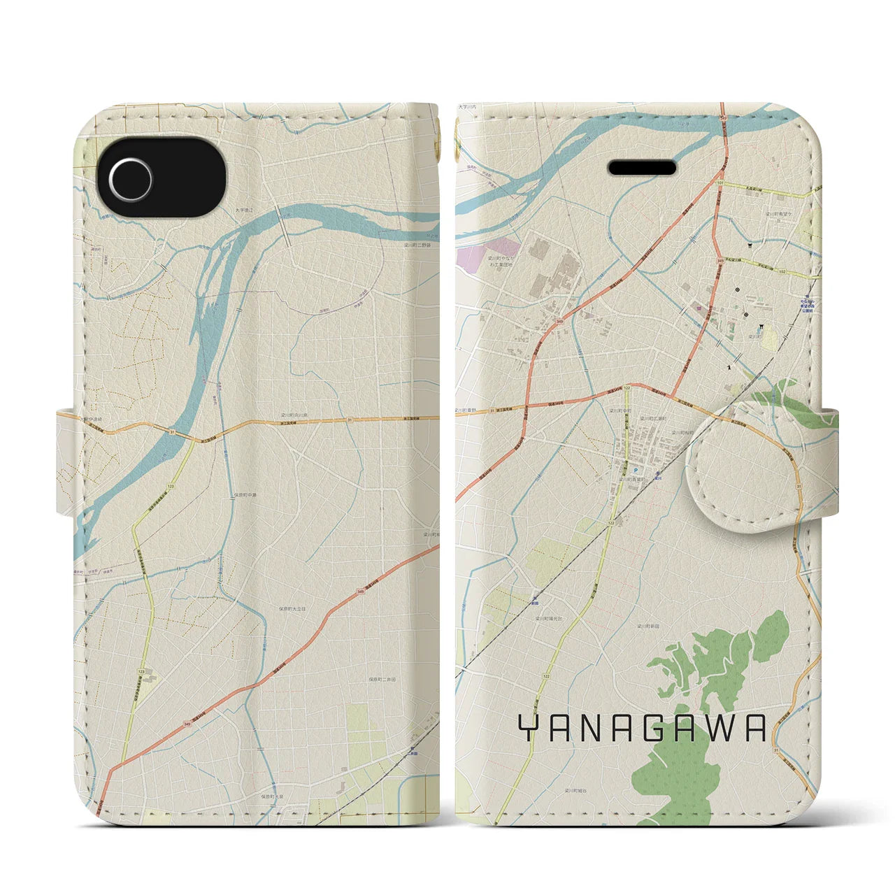 【梁川(福島県)】地図柄iPhoneケース(手帳タイプ)ナチュラル・iPhone SE(第3 / 第2世代) / 8 / 7 / 6s / 6 用