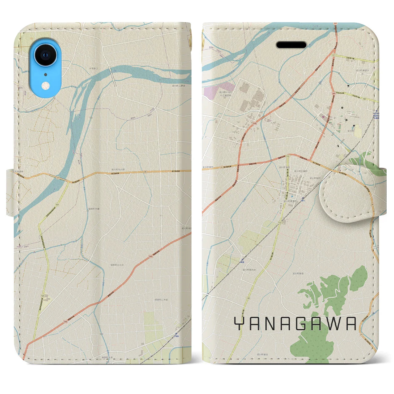 【梁川(福島県)】地図柄iPhoneケース(手帳タイプ)ナチュラル・iPhone XR 用