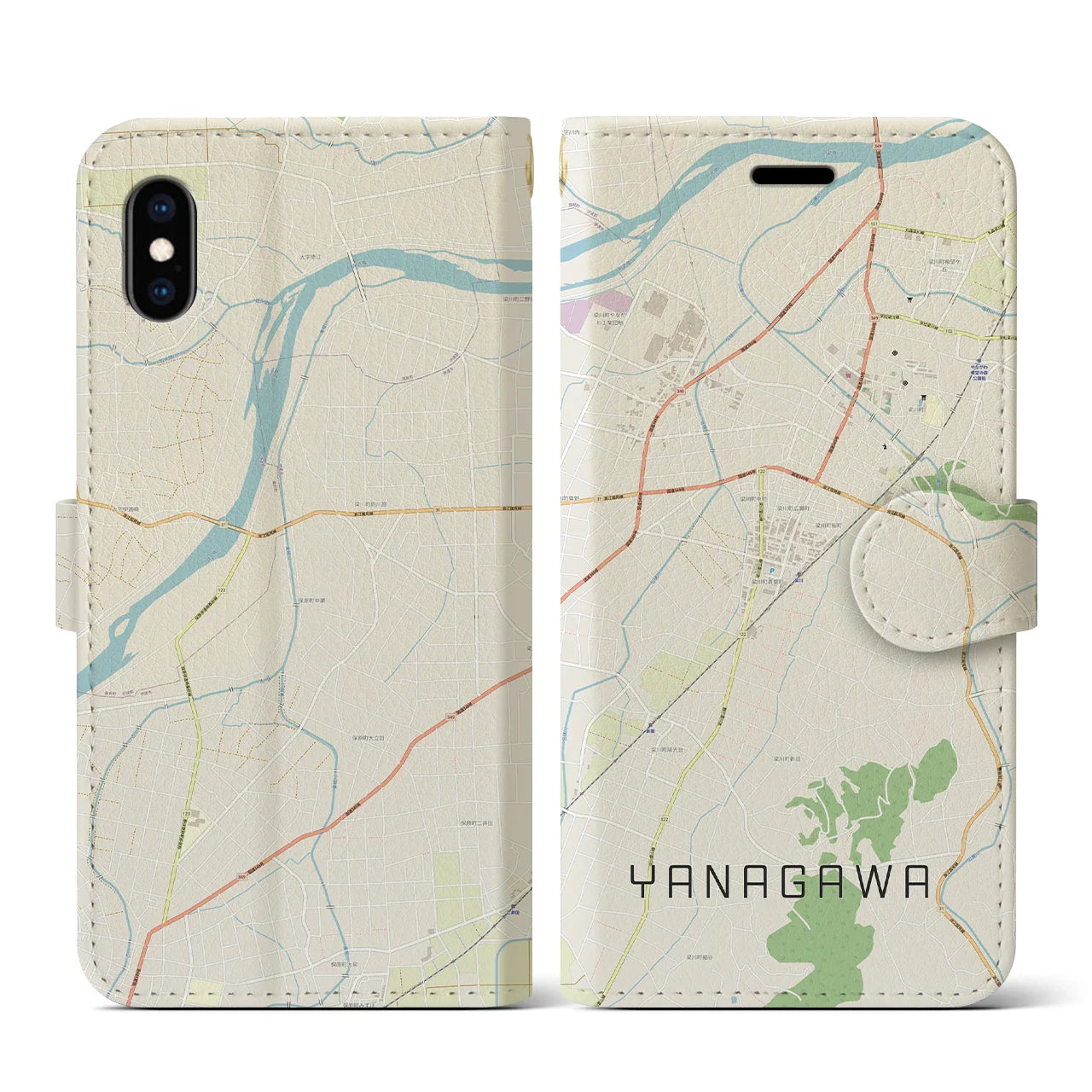 【梁川(福島県)】地図柄iPhoneケース(手帳タイプ)ナチュラル・iPhone XS / X 用