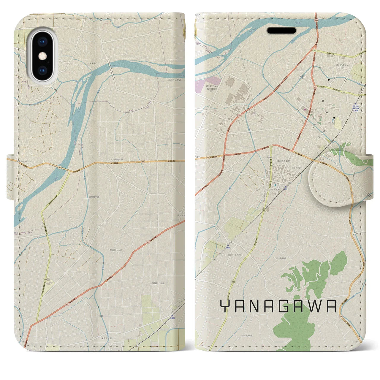 【梁川(福島県)】地図柄iPhoneケース(手帳タイプ)ナチュラル・iPhone XS Max 用