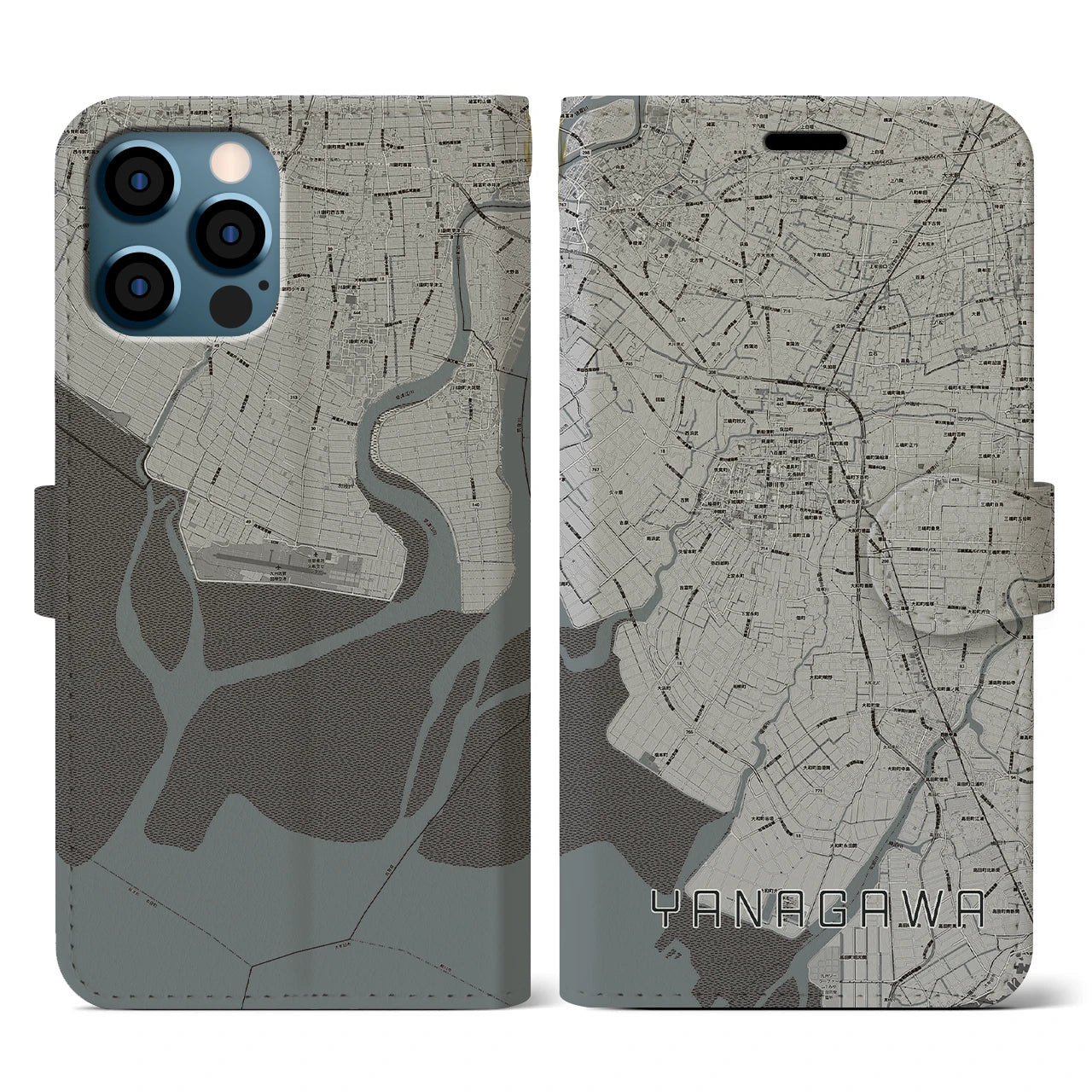 【柳川(福岡県)】地図柄iPhoneケース(手帳タイプ)モノトーン・iPhone 12 / 12 Pro 用