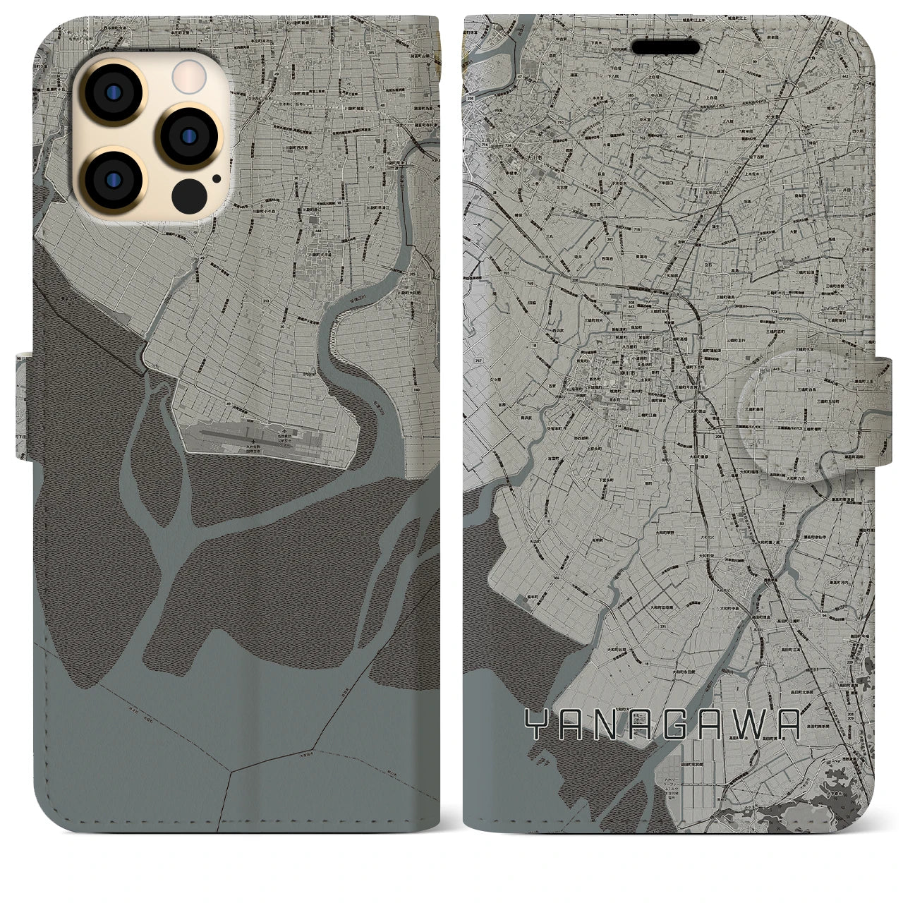 【柳川(福岡県)】地図柄iPhoneケース(手帳タイプ)モノトーン・iPhone 12 Pro Max 用