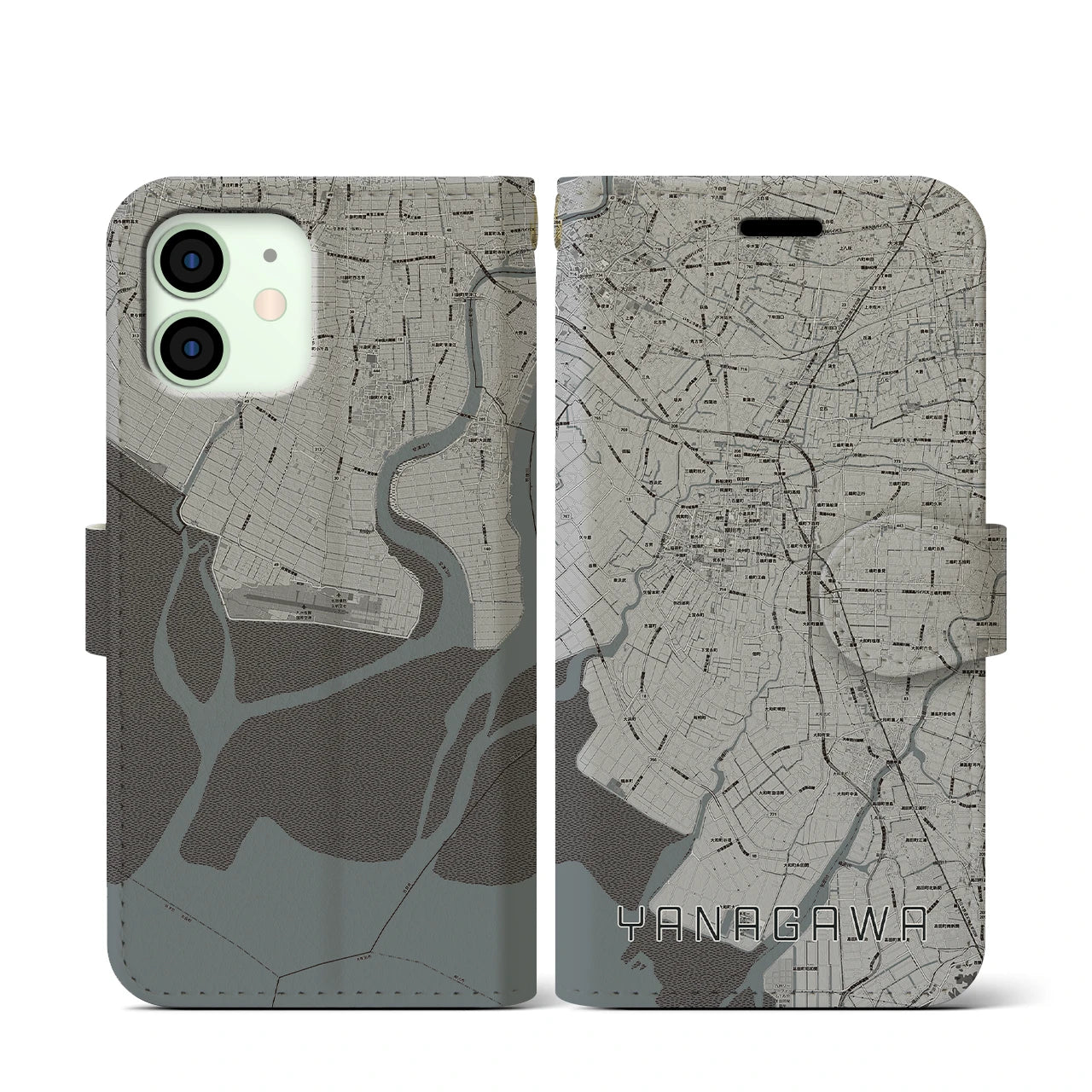 【柳川(福岡県)】地図柄iPhoneケース(手帳タイプ)モノトーン・iPhone 12 mini 用