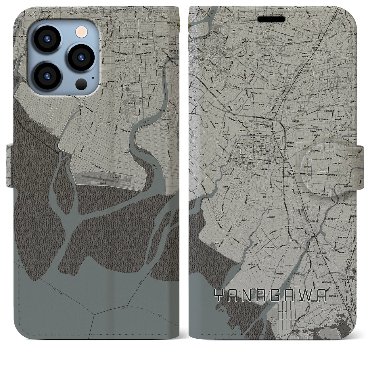 【柳川(福岡県)】地図柄iPhoneケース(手帳タイプ)モノトーン・iPhone 13 Pro Max 用