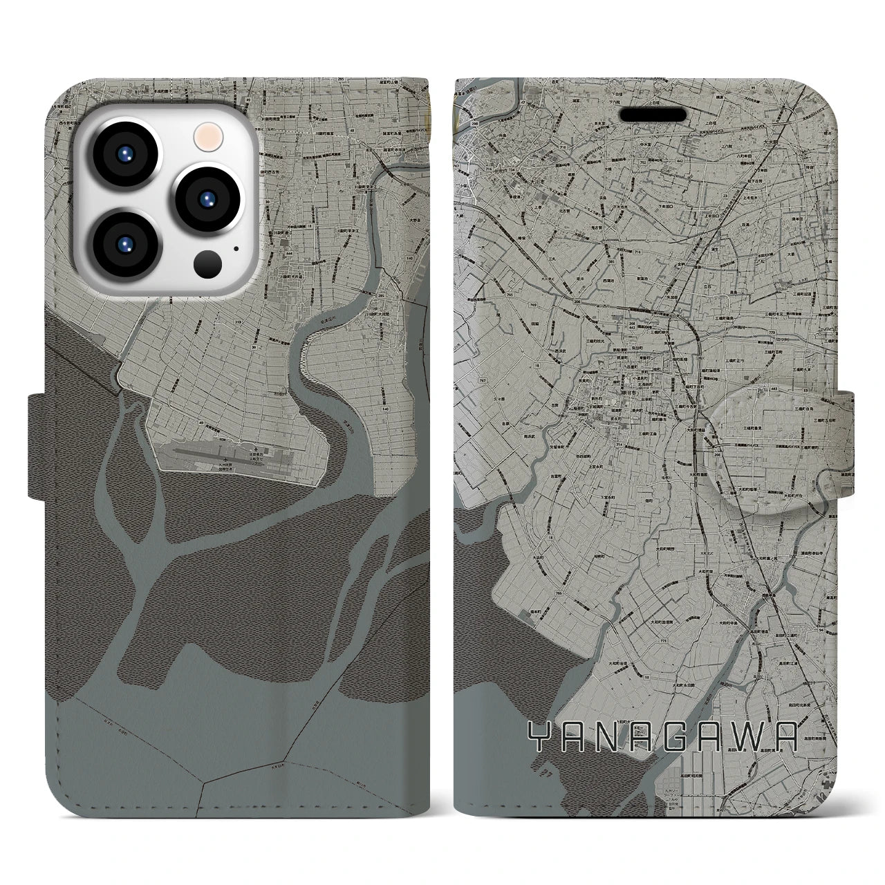 【柳川(福岡県)】地図柄iPhoneケース(手帳タイプ)モノトーン・iPhone 13 Pro 用