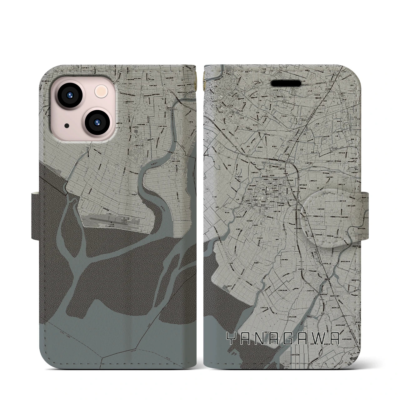 【柳川(福岡県)】地図柄iPhoneケース(手帳タイプ)モノトーン・iPhone 13 mini 用