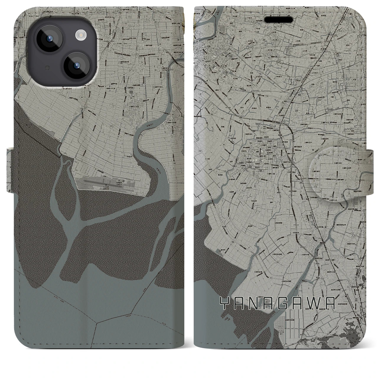 【柳川(福岡県)】地図柄iPhoneケース(手帳タイプ)モノトーン・iPhone 14 Plus 用