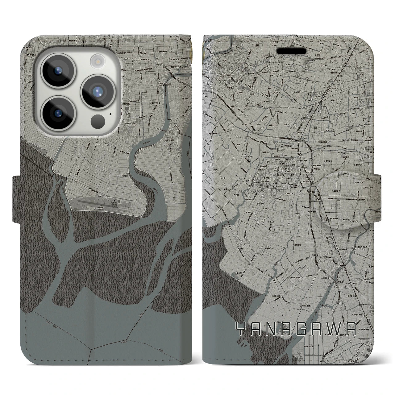 【柳川(福岡県)】地図柄iPhoneケース(手帳タイプ)モノトーン・iPhone 15 Pro 用