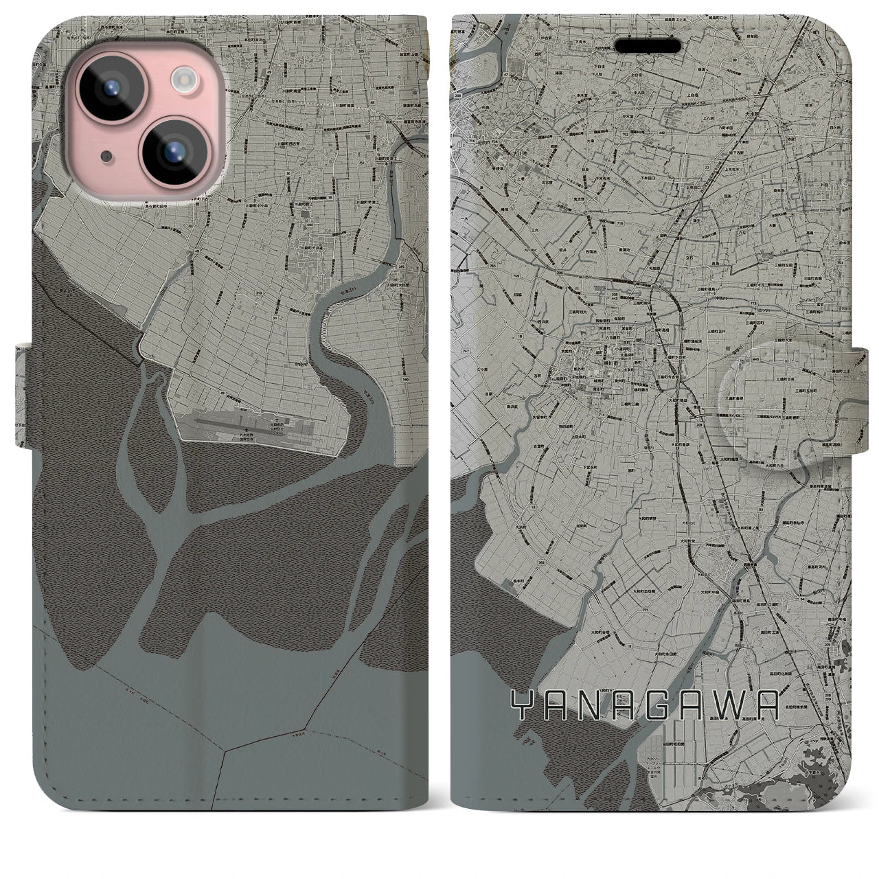 【柳川(福岡県)】地図柄iPhoneケース(手帳タイプ)モノトーン・iPhone 15 Plus 用