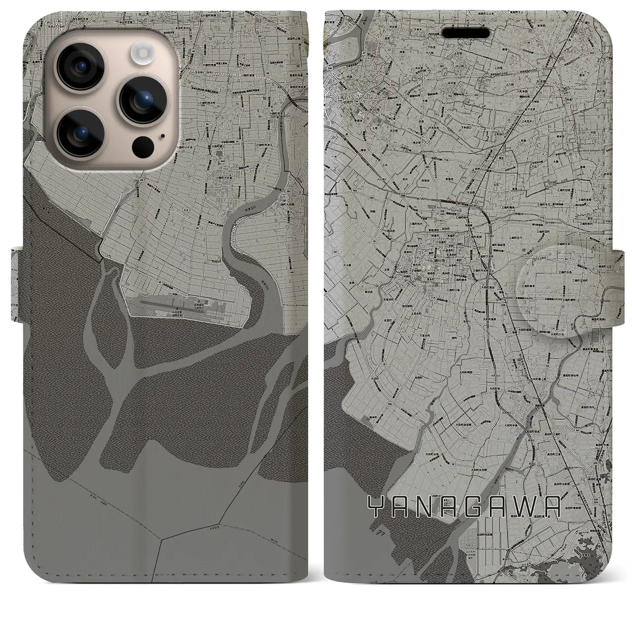 【柳川(福岡県)】地図柄iPhoneケース(手帳タイプ)モノトーン・iPhone 16 Plus 用