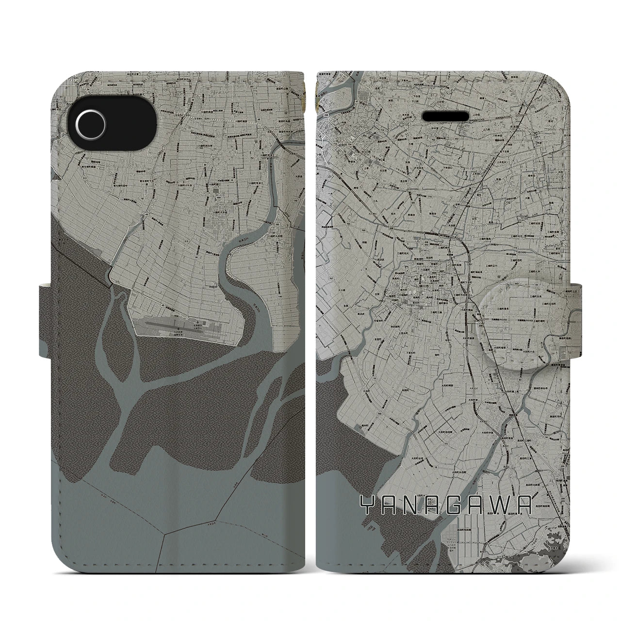 【柳川(福岡県)】地図柄iPhoneケース(手帳タイプ)モノトーン・iPhone SE(第3 / 第2世代) / 8 / 7 / 6s / 6 用