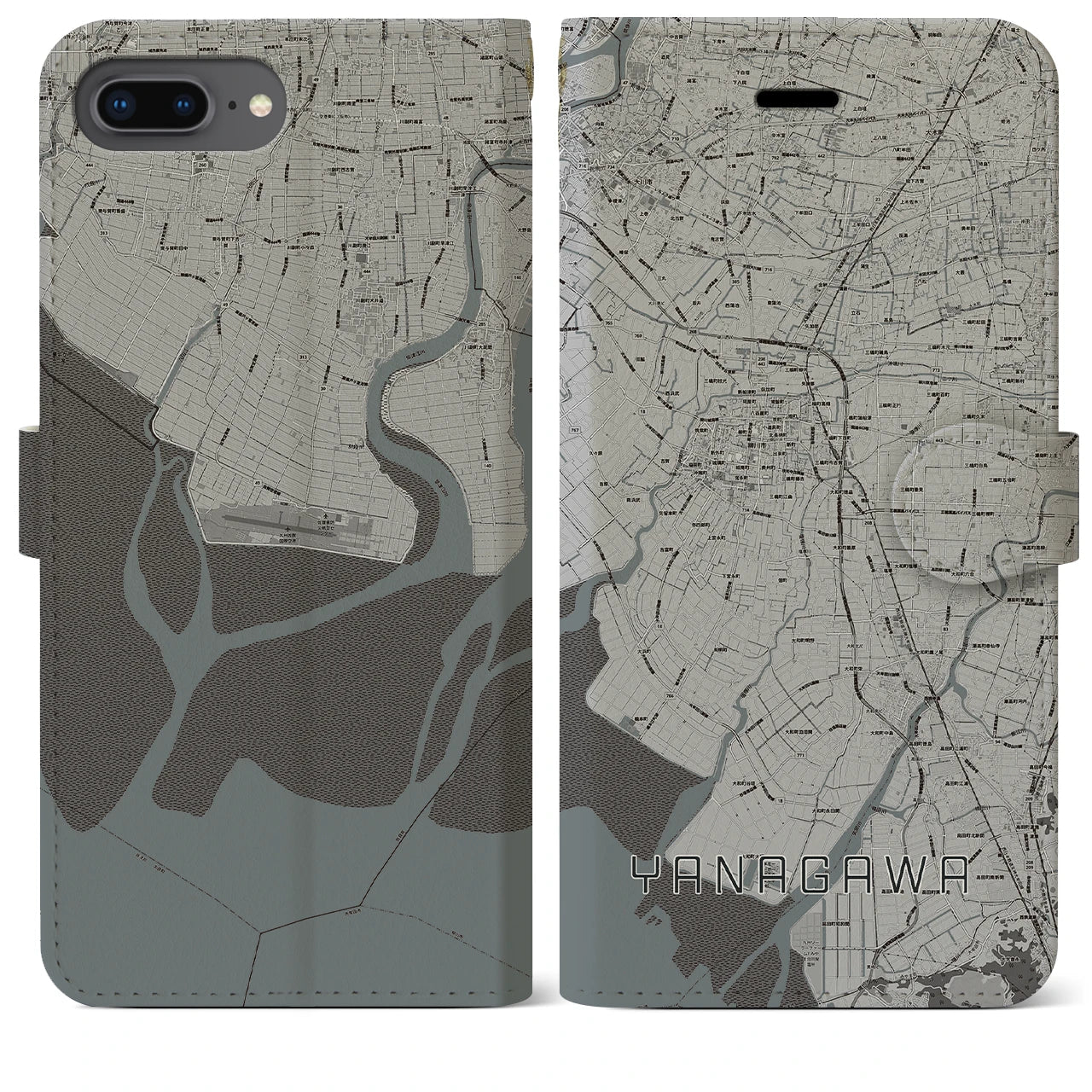 【柳川(福岡県)】地図柄iPhoneケース(手帳タイプ)モノトーン・iPhone 8Plus /7Plus / 6sPlus / 6Plus 用