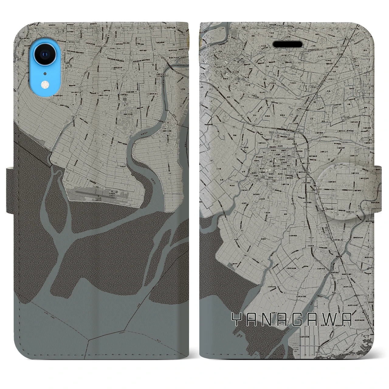 【柳川(福岡県)】地図柄iPhoneケース(手帳タイプ)モノトーン・iPhone XR 用
