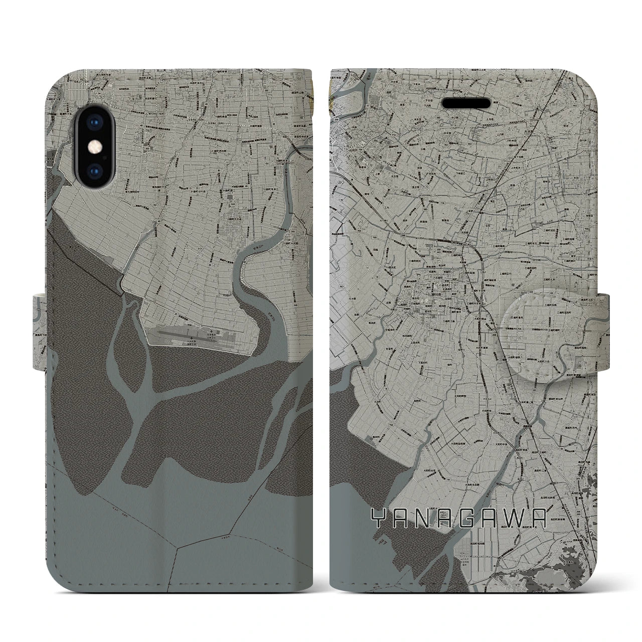 【柳川(福岡県)】地図柄iPhoneケース(手帳タイプ)モノトーン・iPhone XS / X 用