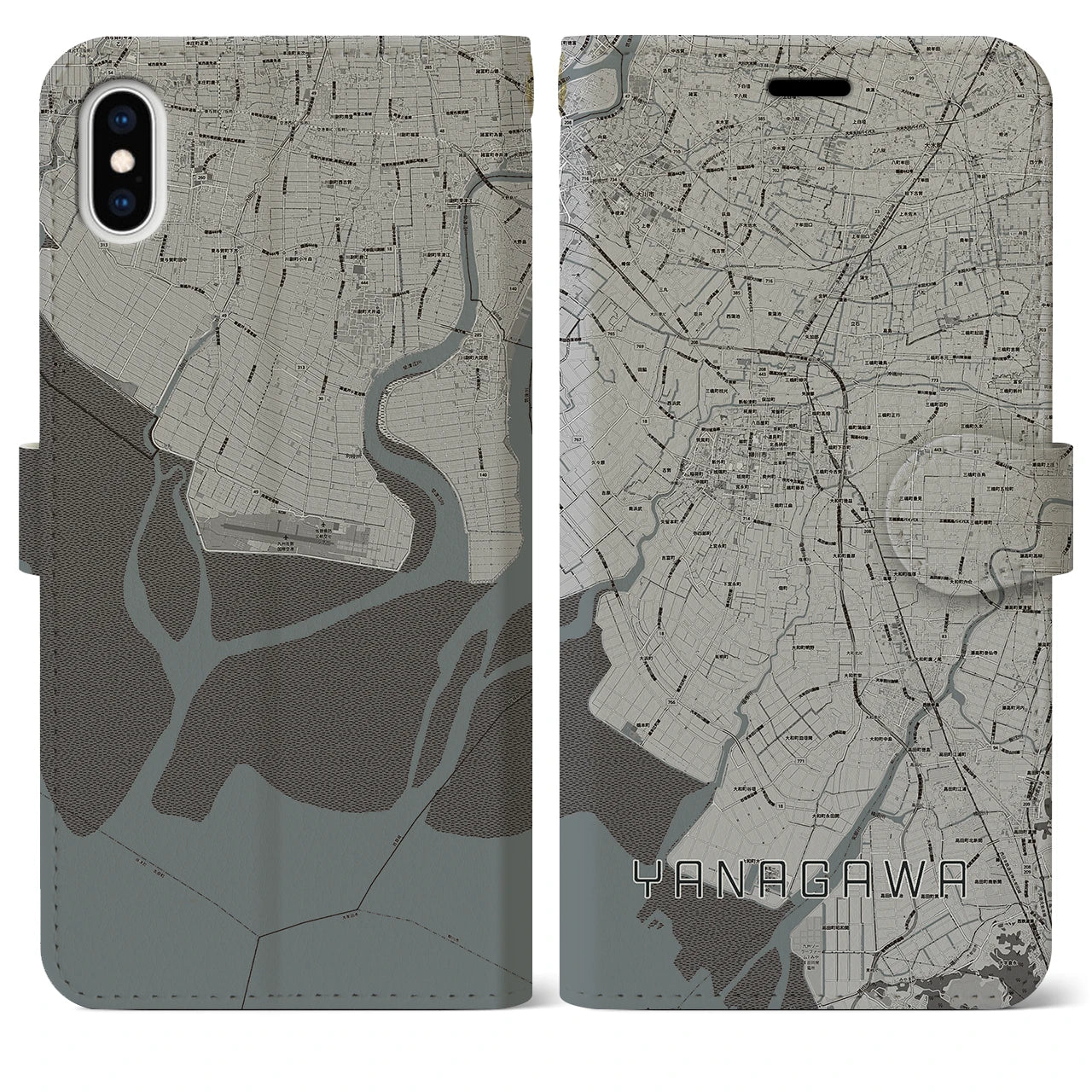 【柳川(福岡県)】地図柄iPhoneケース(手帳タイプ)モノトーン・iPhone XS Max 用