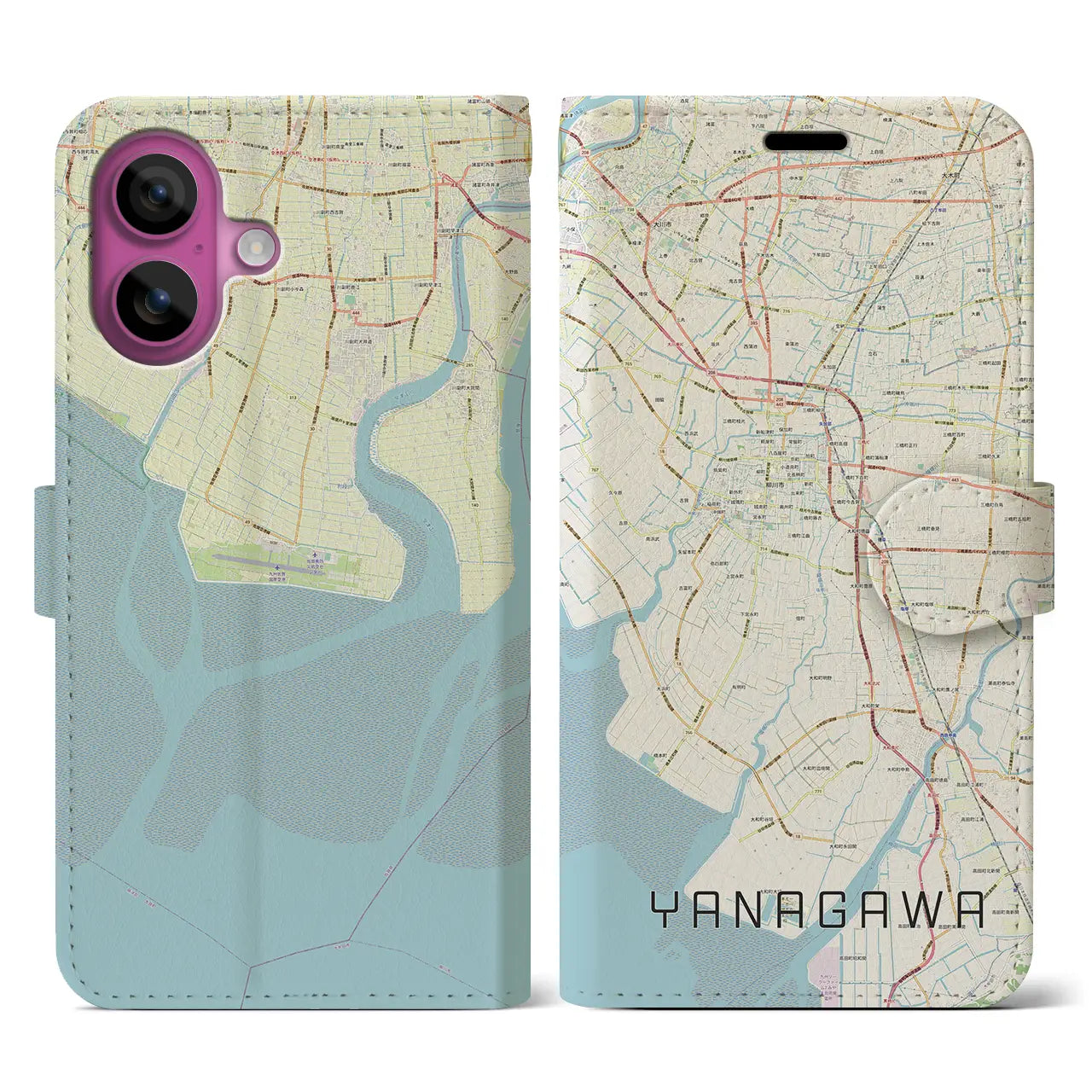 【柳川(福岡県)】地図柄iPhoneケース(手帳タイプ)ナチュラル・iPhone 16 Pro 用