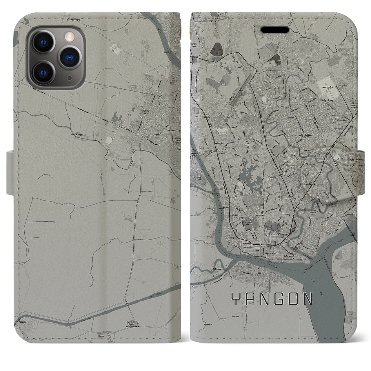 【ヤンゴン(ミャンマー)】地図柄iPhoneケース(手帳タイプ)モノトーン・iPhone 11 Pro Max 用