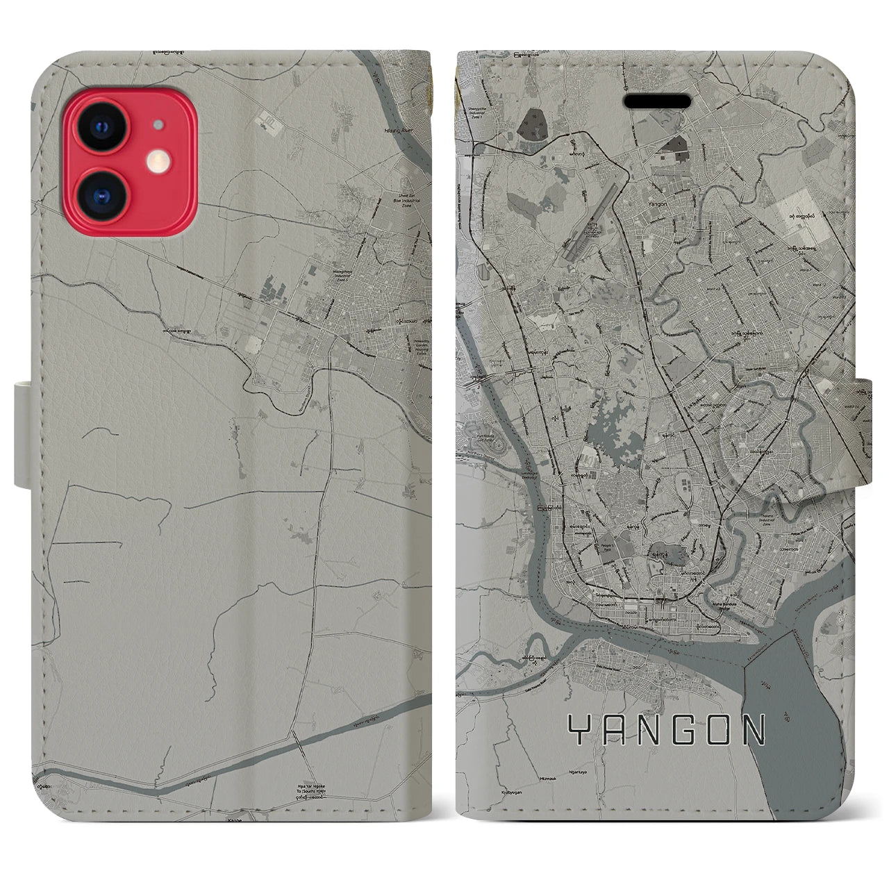 【ヤンゴン(ミャンマー)】地図柄iPhoneケース(手帳タイプ)モノトーン・iPhone 11 用