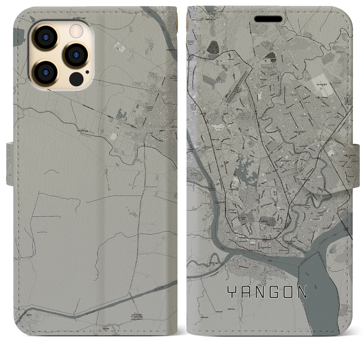 【ヤンゴン(ミャンマー)】地図柄iPhoneケース(手帳タイプ)モノトーン・iPhone 12 Pro Max 用