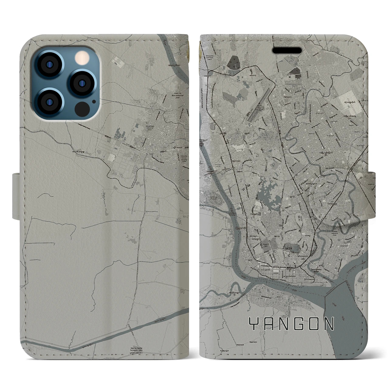 【ヤンゴン(ミャンマー)】地図柄iPhoneケース(手帳タイプ)モノトーン・iPhone 12 / 12 Pro 用