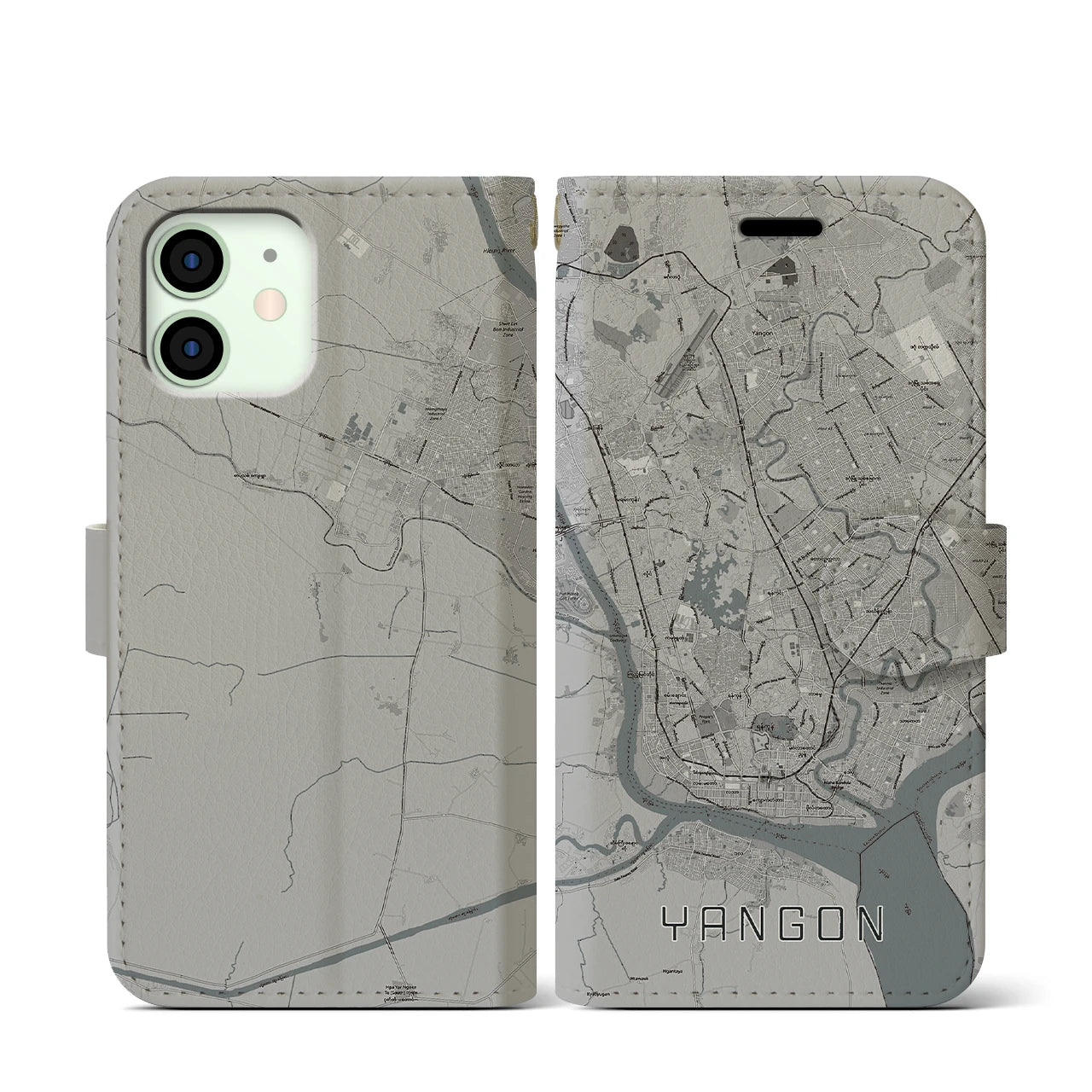 【ヤンゴン(ミャンマー)】地図柄iPhoneケース(手帳タイプ)モノトーン・iPhone 12 mini 用
