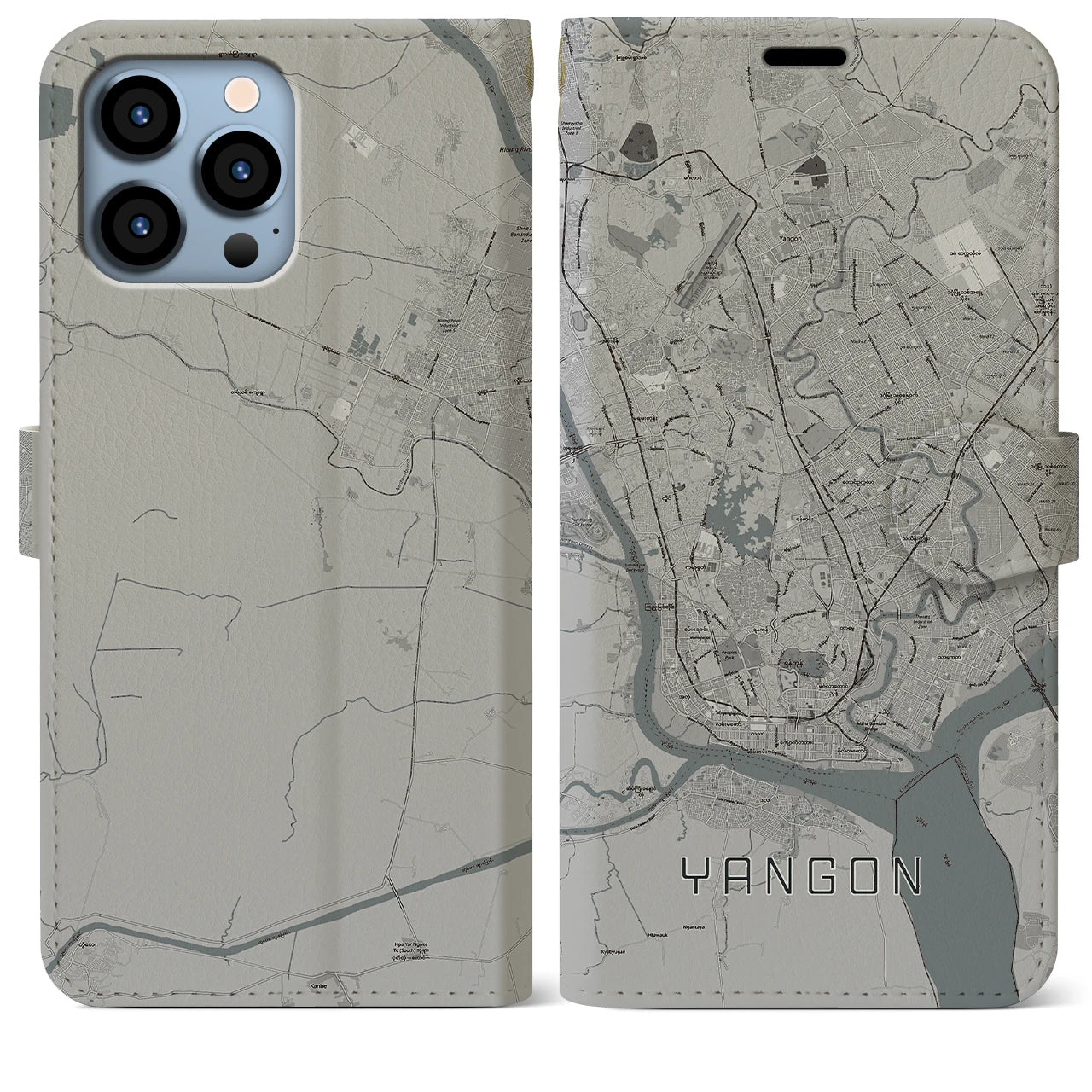 【ヤンゴン(ミャンマー)】地図柄iPhoneケース(手帳タイプ)モノトーン・iPhone 13 Pro Max 用