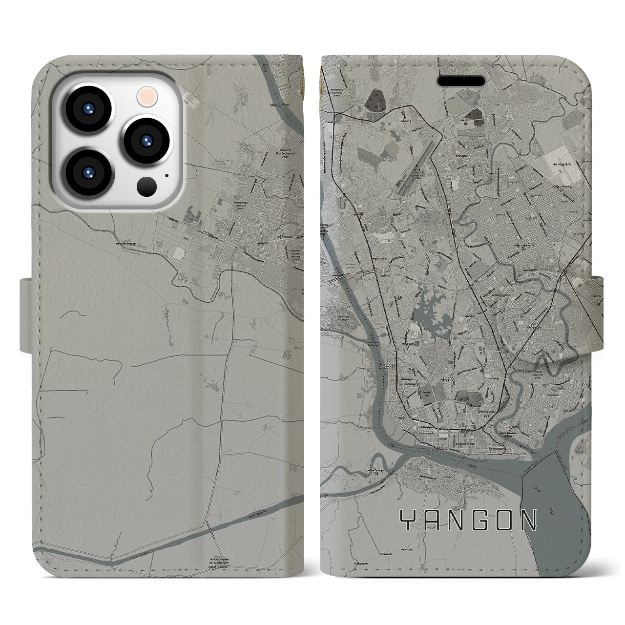 【ヤンゴン(ミャンマー)】地図柄iPhoneケース(手帳タイプ)モノトーン・iPhone 13 Pro 用