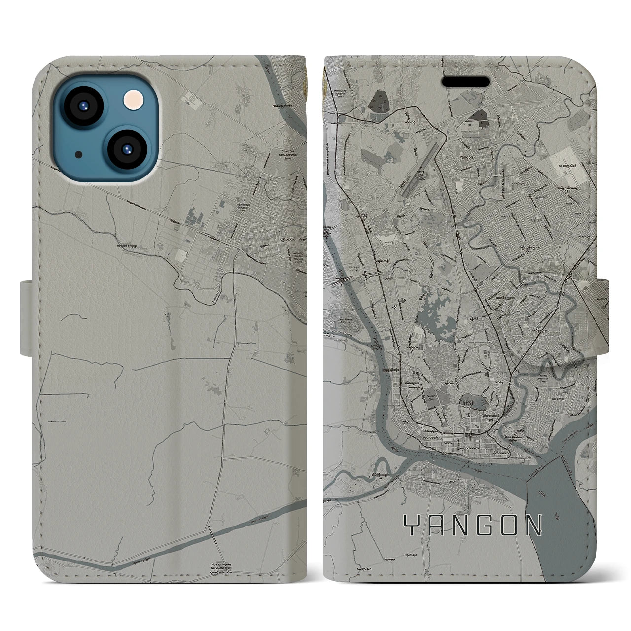 【ヤンゴン(ミャンマー)】地図柄iPhoneケース(手帳タイプ)モノトーン・iPhone 13 用