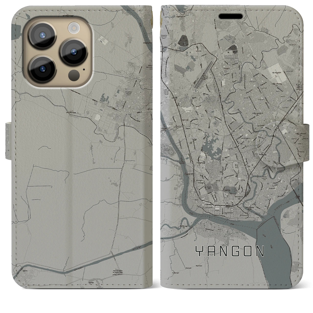 【ヤンゴン(ミャンマー)】地図柄iPhoneケース(手帳タイプ)モノトーン・iPhone 14 Pro Max 用