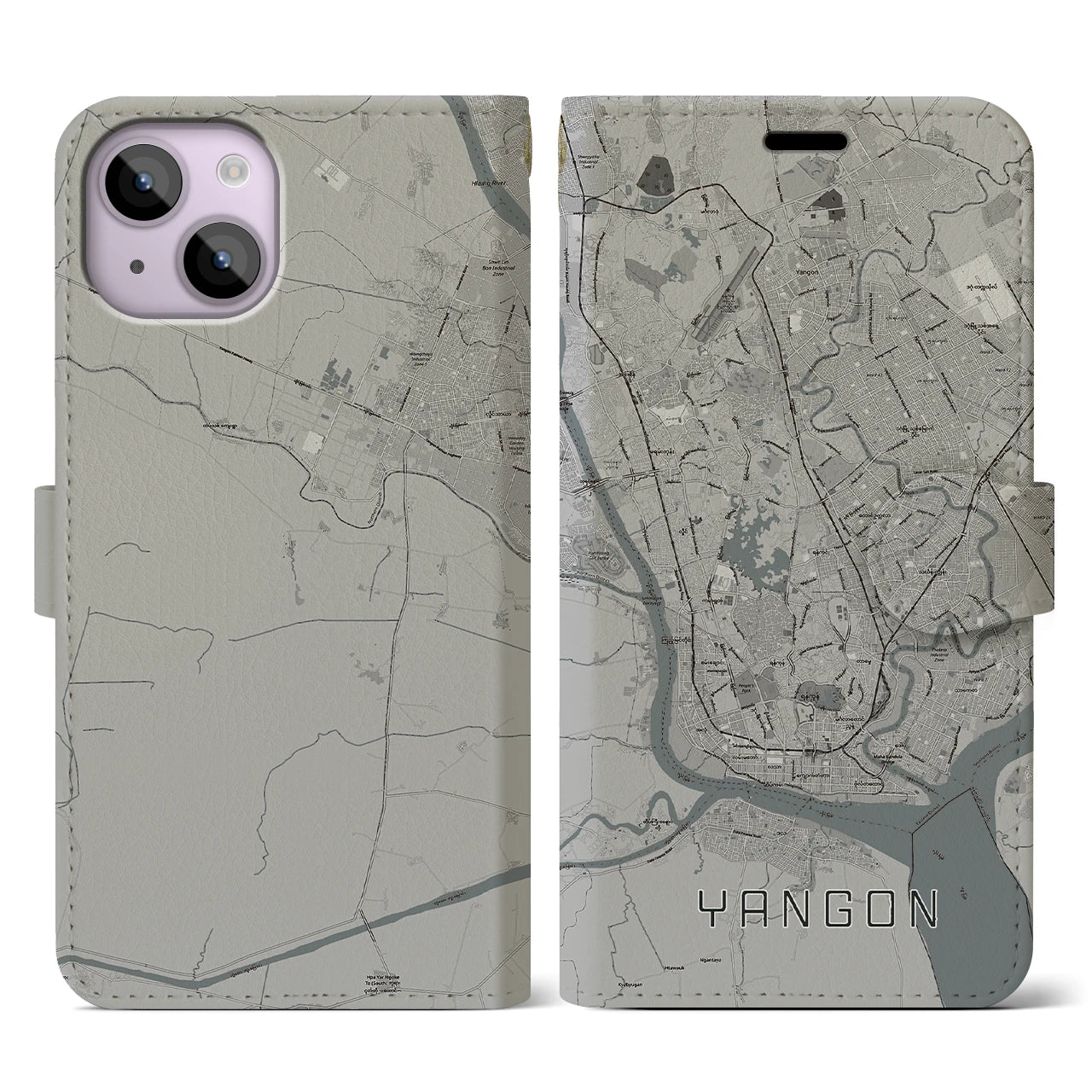 【ヤンゴン(ミャンマー)】地図柄iPhoneケース(手帳タイプ)モノトーン・iPhone 14 用