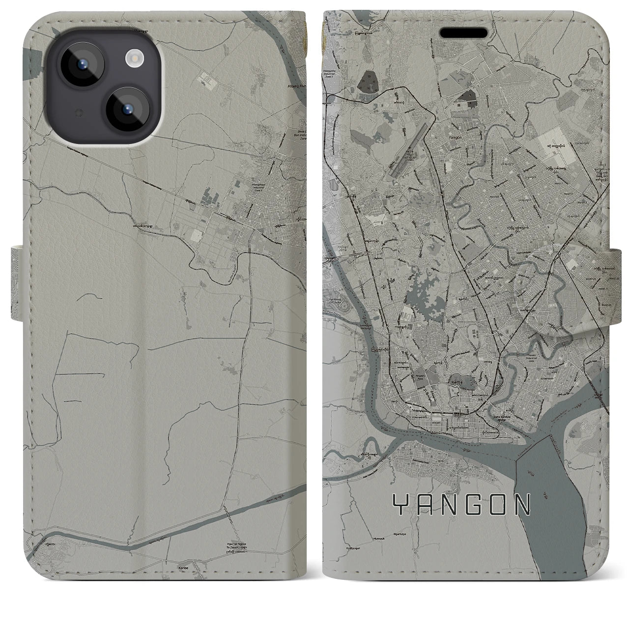 【ヤンゴン(ミャンマー)】地図柄iPhoneケース(手帳タイプ)モノトーン・iPhone 14 Plus 用