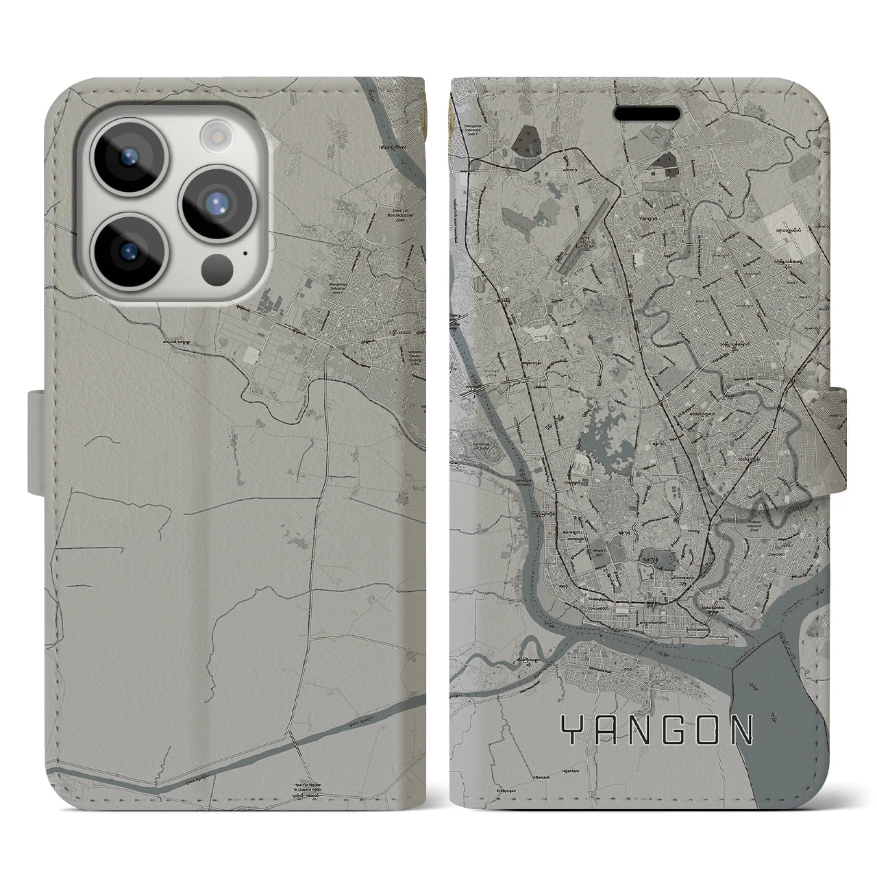 【ヤンゴン(ミャンマー)】地図柄iPhoneケース(手帳タイプ)モノトーン・iPhone 15 Pro 用