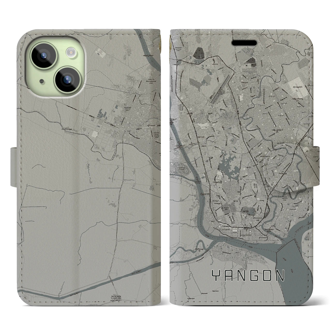 【ヤンゴン(ミャンマー)】地図柄iPhoneケース(手帳タイプ)モノトーン・iPhone 15 用