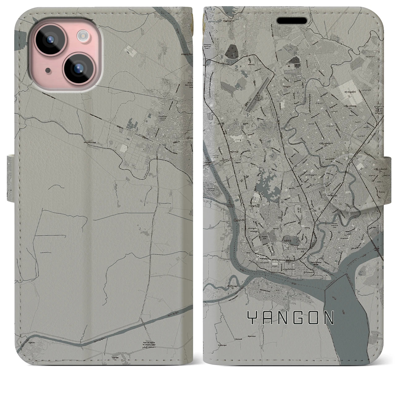 【ヤンゴン(ミャンマー)】地図柄iPhoneケース(手帳タイプ)モノトーン・iPhone 15 Plus 用