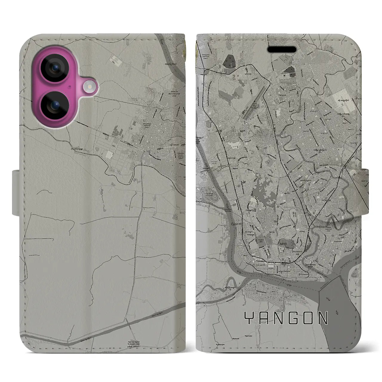 【ヤンゴン(ミャンマー)】地図柄iPhoneケース(手帳タイプ)モノトーン・iPhone 16 Pro 用