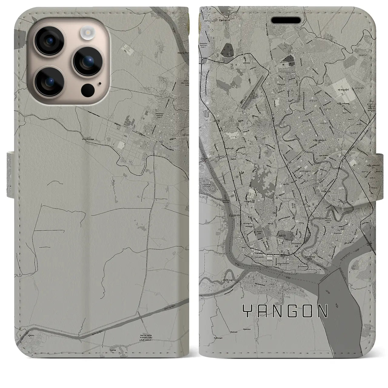 【ヤンゴン(ミャンマー)】地図柄iPhoneケース(手帳タイプ)モノトーン・iPhone 16 Plus 用