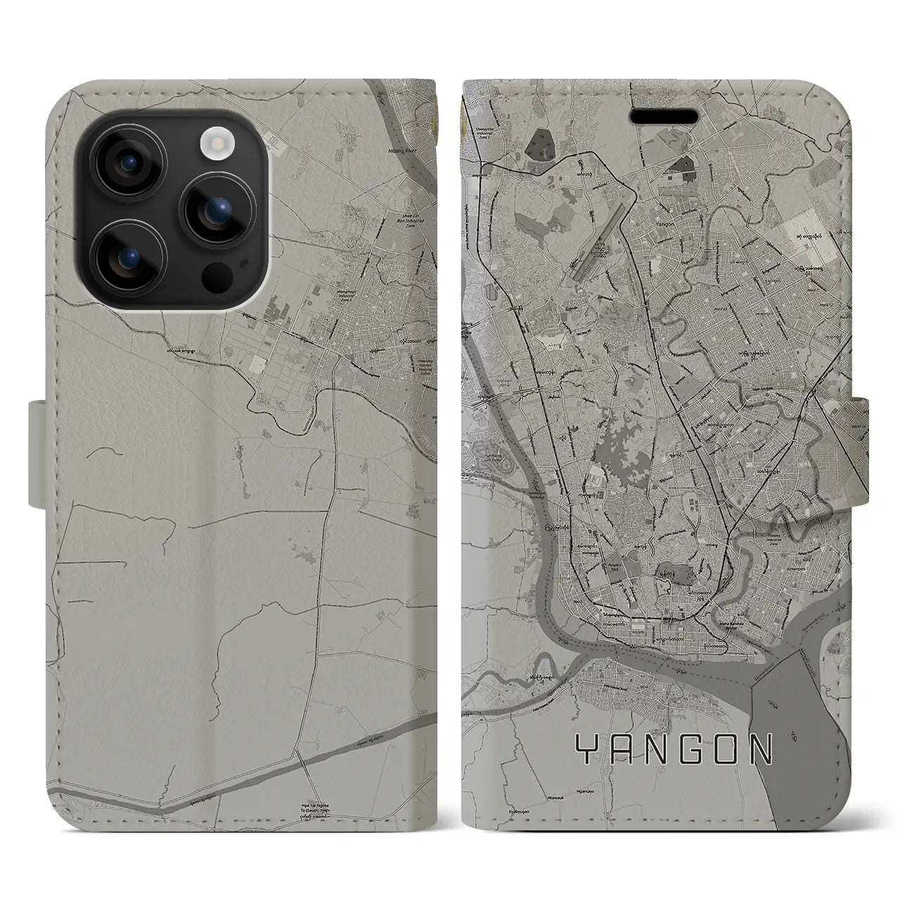 【ヤンゴン(ミャンマー)】地図柄iPhoneケース(手帳タイプ)モノトーン・iPhone 16 用