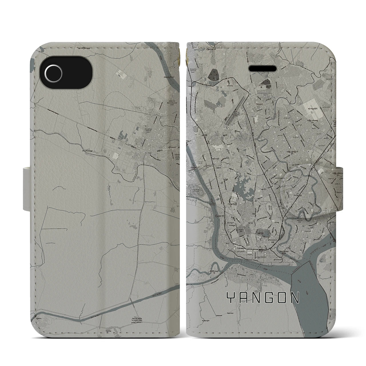 【ヤンゴン(ミャンマー)】地図柄iPhoneケース(手帳タイプ)モノトーン・iPhone SE(第3 / 第2世代) / 8 / 7 / 6s / 6 用