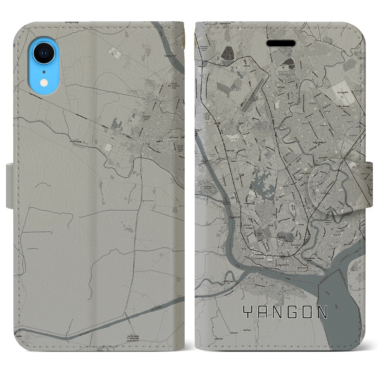 【ヤンゴン(ミャンマー)】地図柄iPhoneケース(手帳タイプ)モノトーン・iPhone XR 用