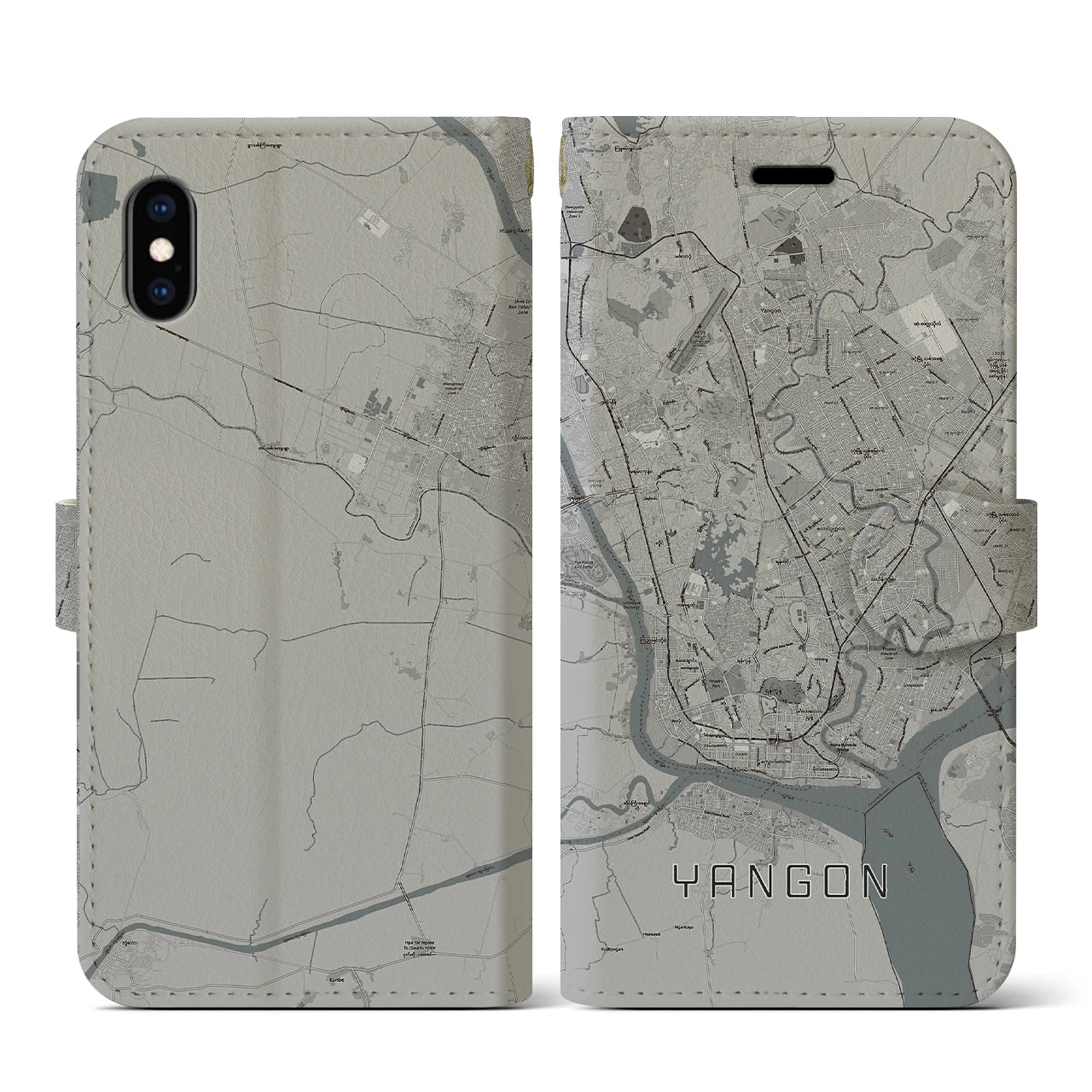 【ヤンゴン(ミャンマー)】地図柄iPhoneケース(手帳タイプ)モノトーン・iPhone XS / X 用