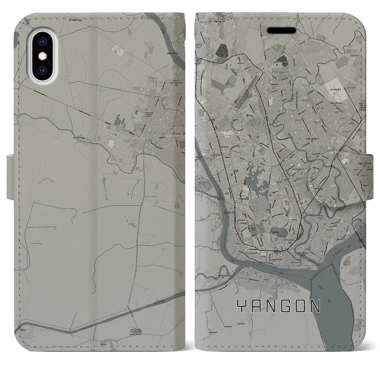 【ヤンゴン(ミャンマー)】地図柄iPhoneケース(手帳タイプ)モノトーン・iPhone XS Max 用